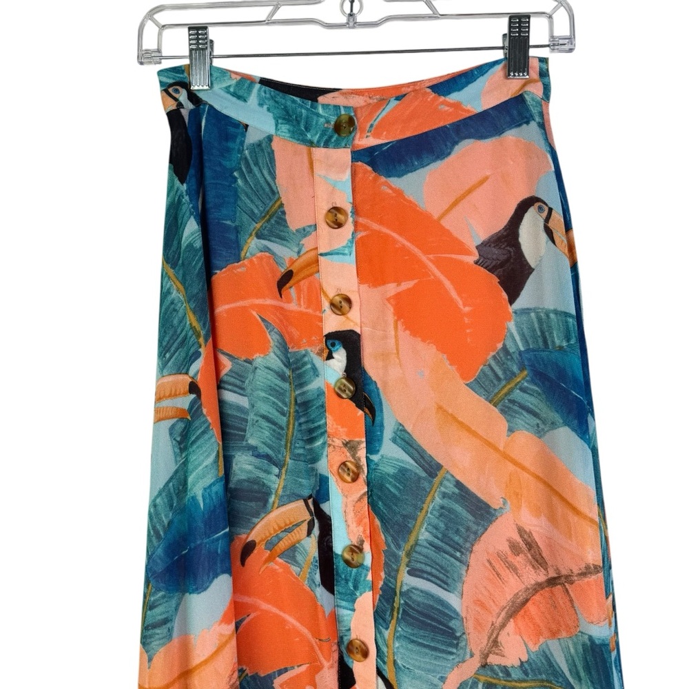 NWT FARM RIO Plantage Rio Toucan Forrest Midi Skirt Button Tropical Button XS - Picture 4 of 13